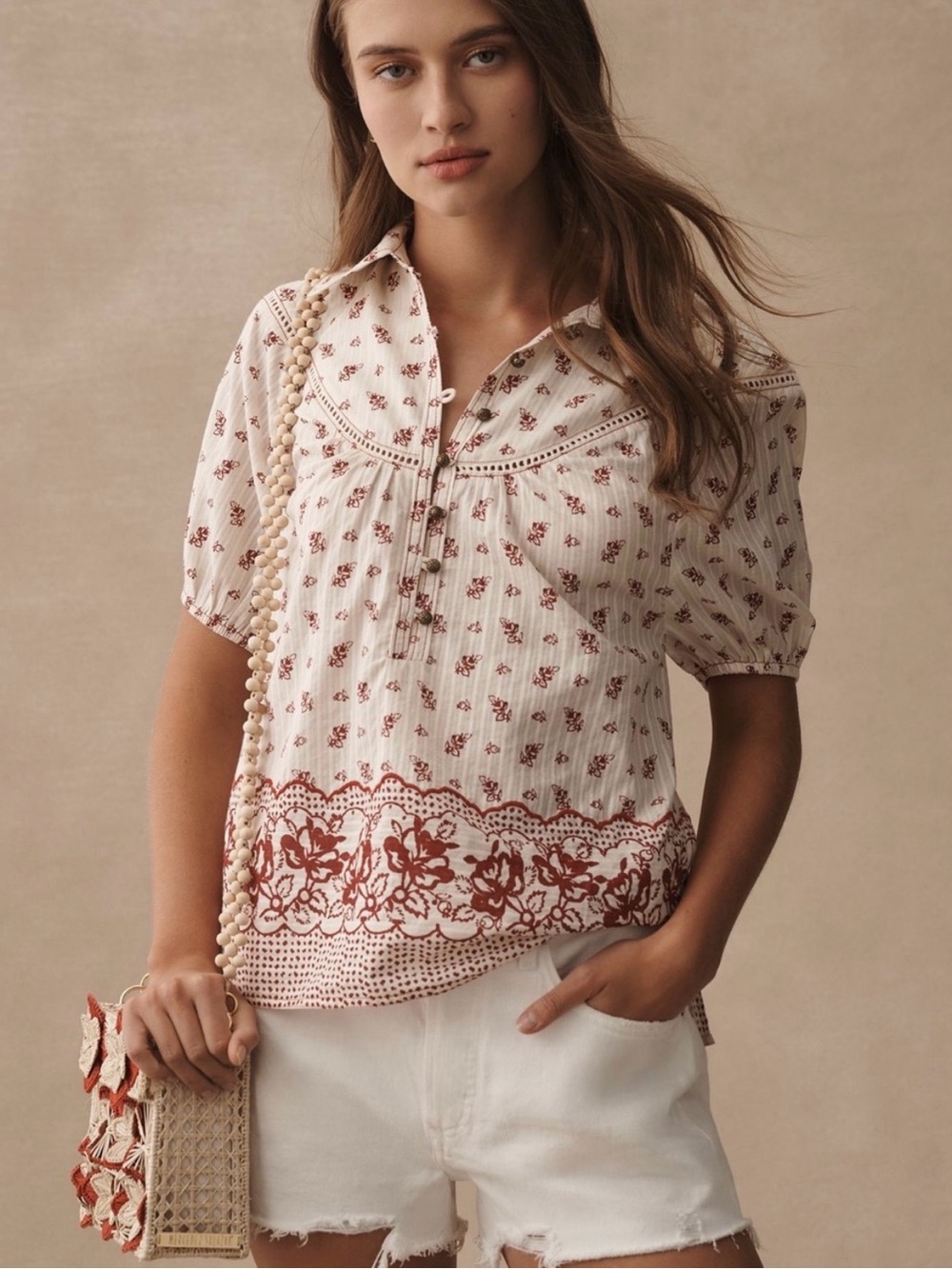 Pilcro Cream Short-Sleeve Floral Border Peasant Top, Cotton, Size Xs